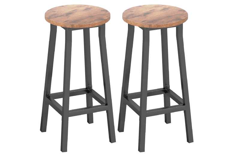 Industrial Bar Stools Set of 2 - Rustic Brown, Steel Frame, Space-Saving, 32×32×65cm | Wowcher