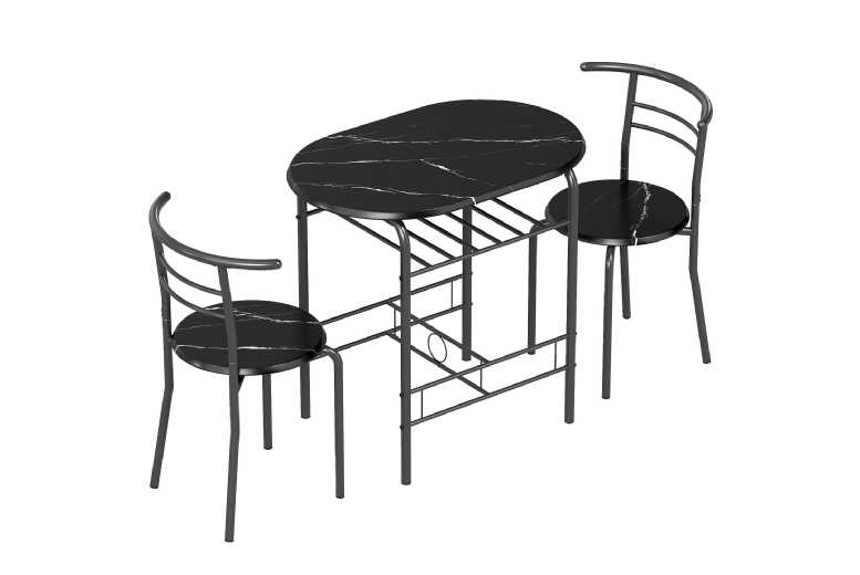 Three-Piece Compact Marble-Effect Dining Table Set with Metal Frame - Space-Saving, 2-Seater Modern Kitchen Furniture | Wowcher