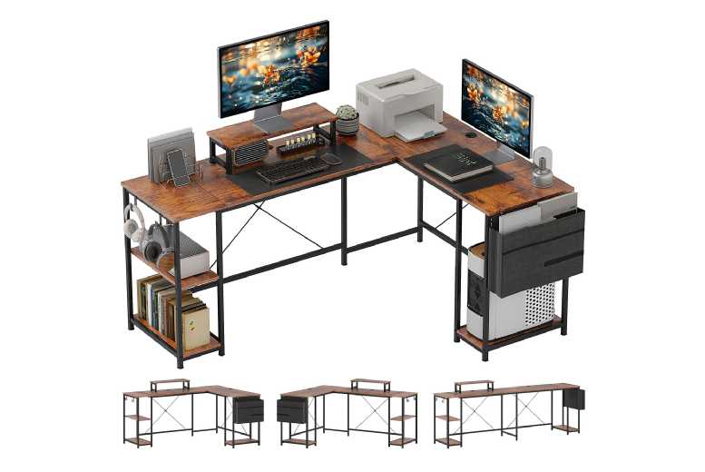 168cm Rustic Brown L-Shaped Corner Desk with Storage Shelves - Modular Home Office Table | Wowcher