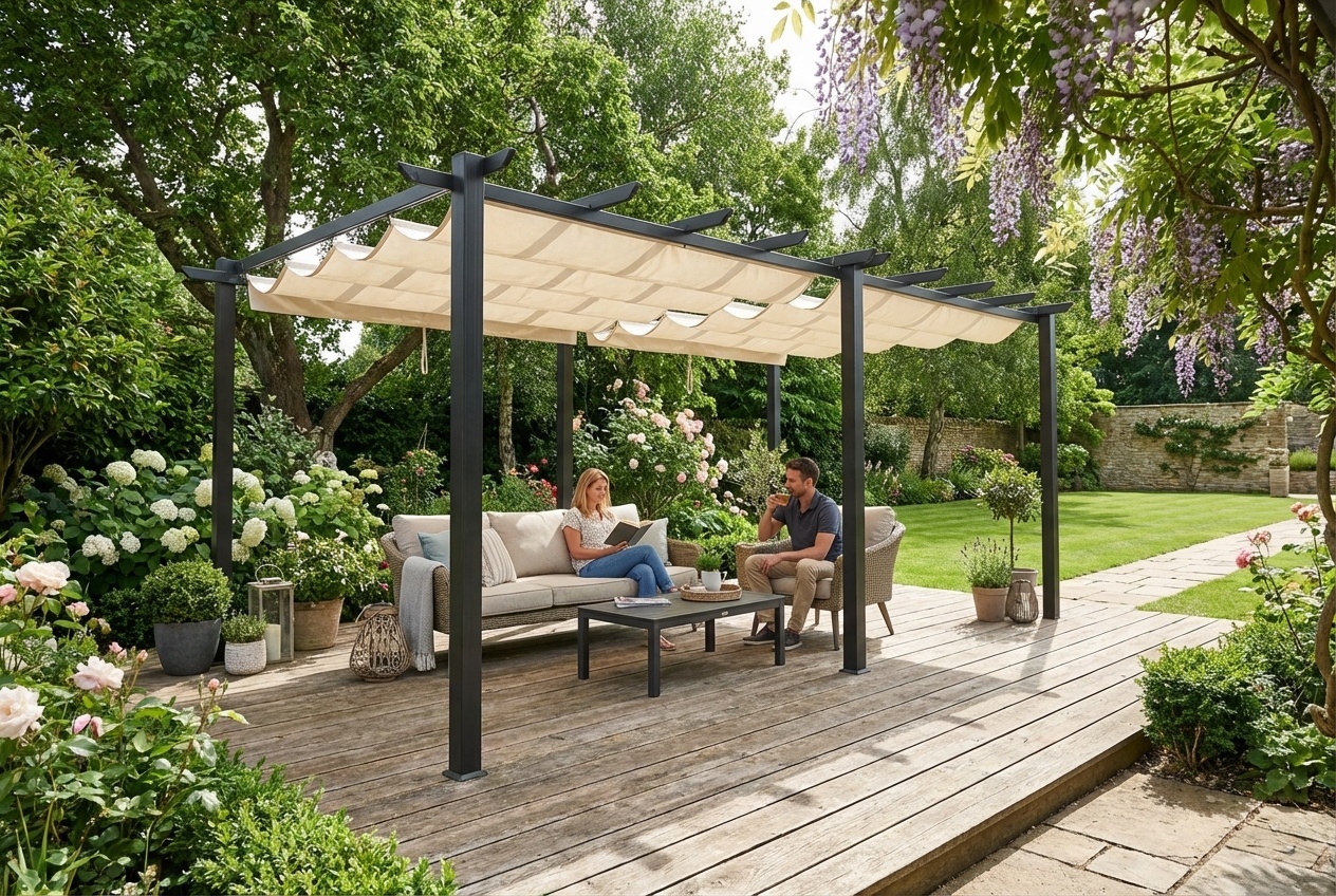 Elegant 10x20ft Aluminium Pergola with Retractable Waterproof Canopy Roof | Wowcher