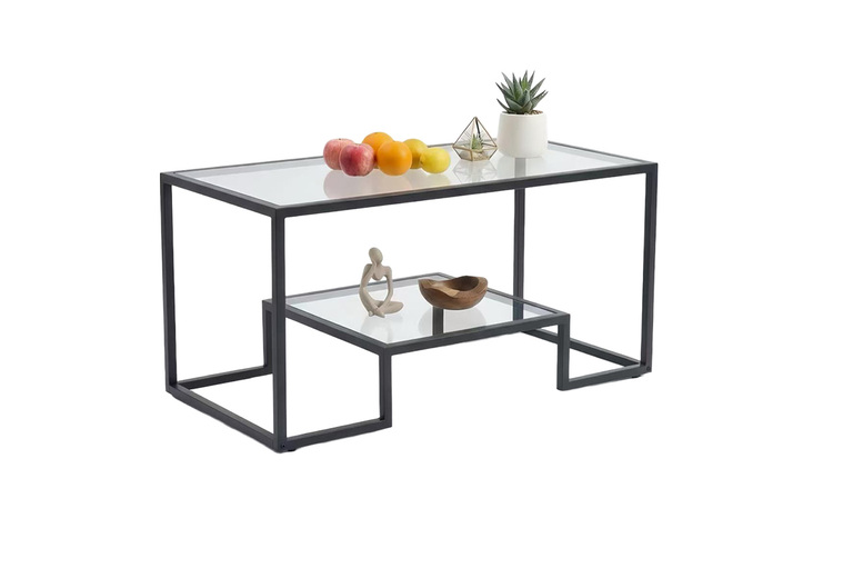 2-Tier Modern Coffee Table with Glass Top, Wood Shelf, and Metal Frame | Wowcher