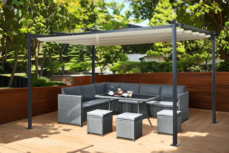 Spacious Metal Pergola with Retractable Roof and Sun Shade Canopy - 3m or 4m Options | Wowcher