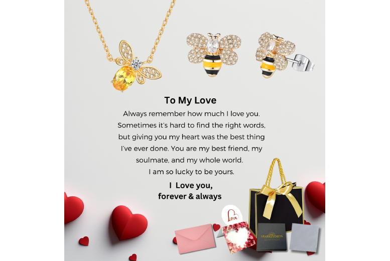 Gold Bee Jewellery Set - Matching Pendant Necklace & Earrings, Gift Boxed for Valentine's Day | Wowcher