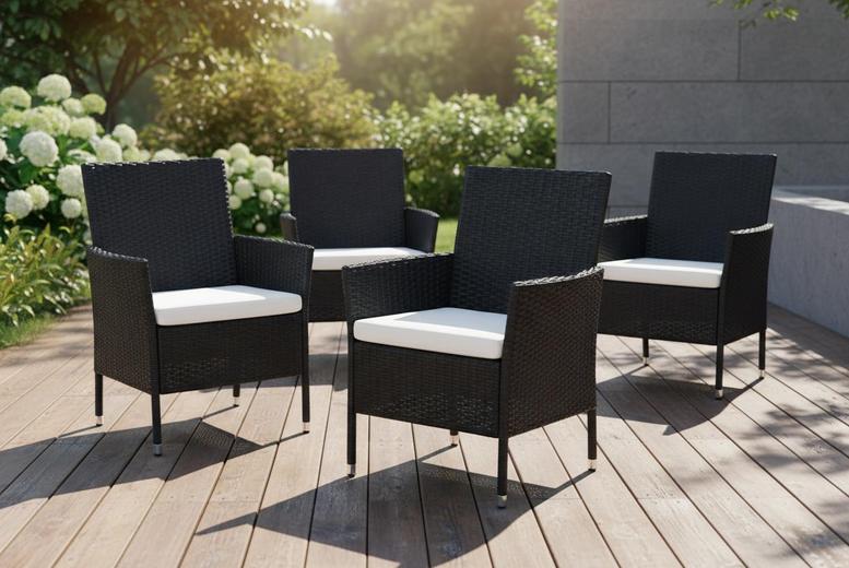 Outdoor Set of 4 Rattan Chairs with Cushions and Sturdy Metal Frame | Wowcher