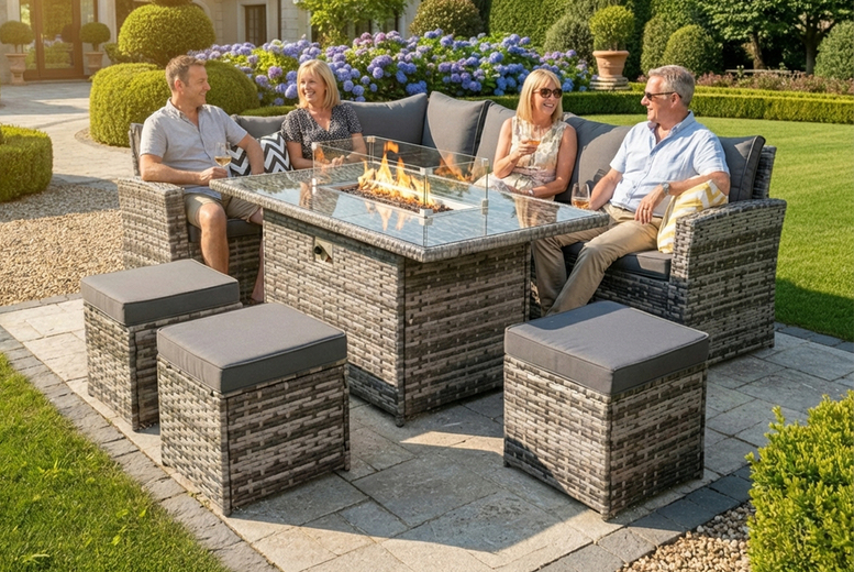 Arca Living Ltd Unisex Grey Rosen 9 Seater Rattan Corner Sofa Set With Fire Pit Table & Optional Cover In | Wowcher