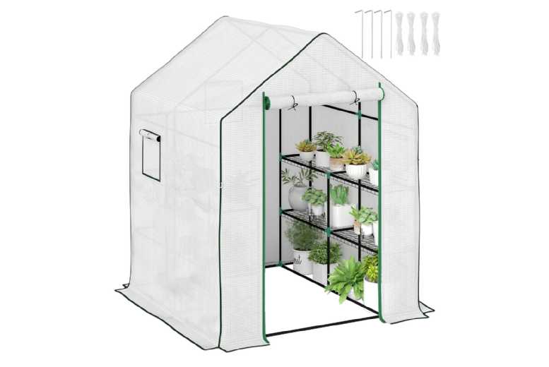 143 x 140cm Walk-In PVC Greenhouse Storage Shed with Shelving - Weatherproof Garden Building | Wowcher