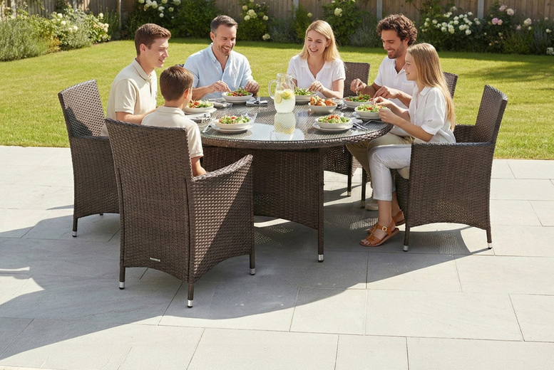 Nevada 6-Seater Rattan Outdoor Dining Set with Glass Table & Cushions | Wowcher