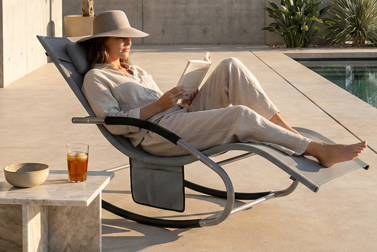 Grey Sun Lounger Rocking Recliner Chair with Padded Pillow Headrest | Wowcher