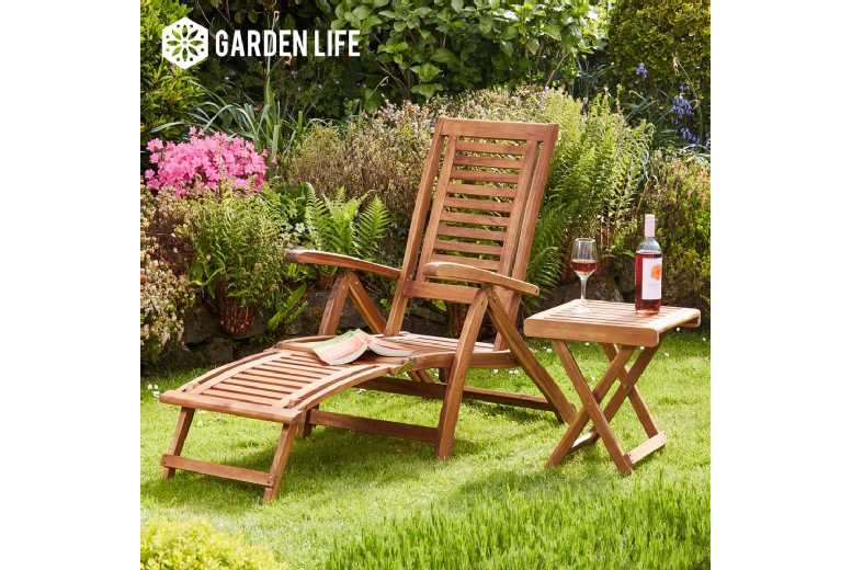 Acacia Wood Folding Steamer Deck Chair - Weather-Resistant Garden Lounger + Optional Table | Wowcher