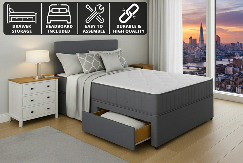 Grey Fabric Divan Bed with Storage & Mattress | Wowcher