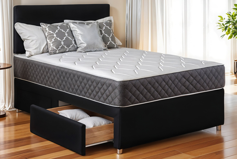 Divan Bed with Headboard & Memory Foam Mattress - Black, All Sizes | Wowcher
