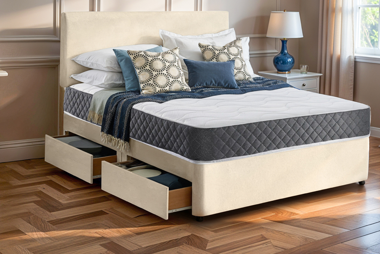 Cream Divan Bed & Memory Foam Mattress - 6 Sizes & 3 Fabric Options! | Wowcher