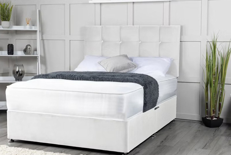 White Plush Divan Bed with Storage Drawers, Plush Upholstery & Memory Sprung Mattress - Single, Double, King | Wowcher