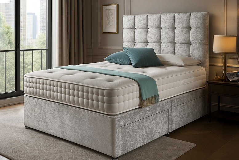 Crushed Velvet Divan Bed & Memory Sprung Mattress - 7 Colour Options | Wowcher