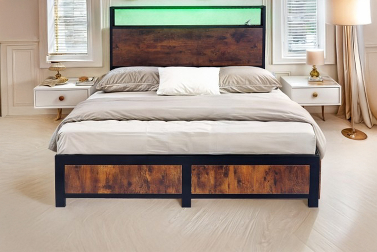 Double or King Sized Industrial Metal Bed Frame with Storage, LED Headboard, and USB Ports | Wowcher