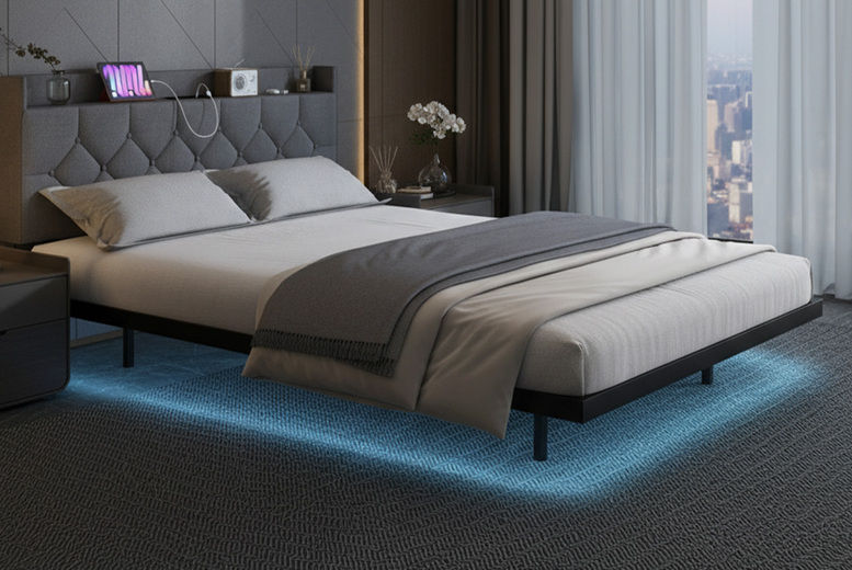 Floating Platform Bed with LED, Headboard & Charging Ports | Wowcher
