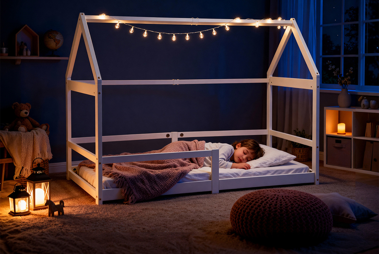 Kids' Pine Wood House Bed with Guardrails | Wowcher