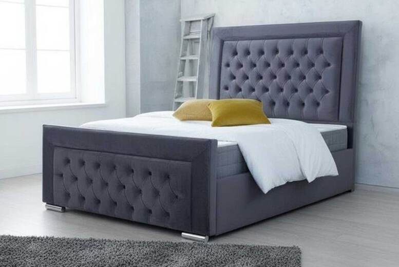 Crushed Velvet Hilton Upholstered Bed With Grand Headboard & Footboard - 5 Sizes, 5 Colours, Optional Gas Lift Storage | Wowcher