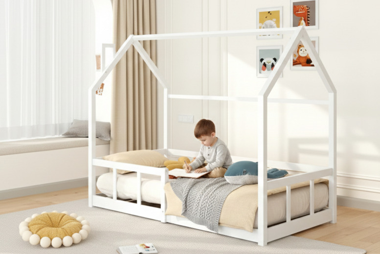 White Wooden House Bed Frame for Kids, Applicable Mattress Size: 160*80cm | Wowcher