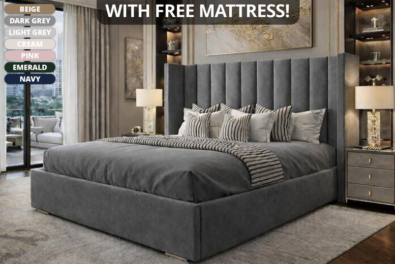 Plush Velvet Pure Wingback Upholstered Bed with Memory Foam Sprung Mattress | Wowcher