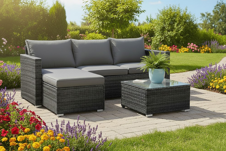 Modern L-Shaped Rattan Corner Sofa Set with Cushions and Coffee Table | Wowcher