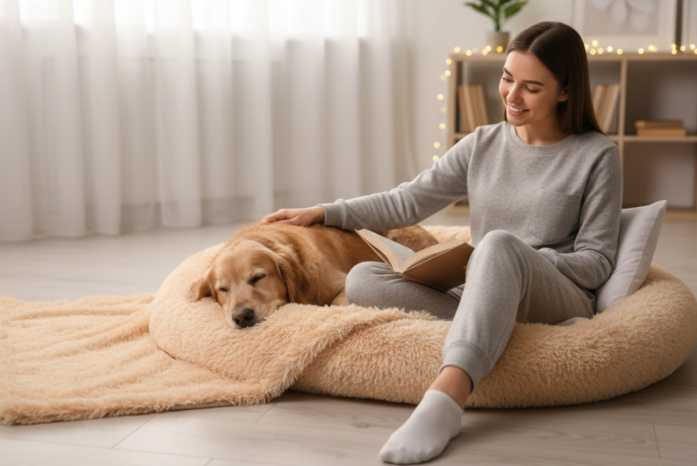 Ultra-Comfort Human Dog Bed with Pillow, Blanket, and Support Bolster | Wowcher