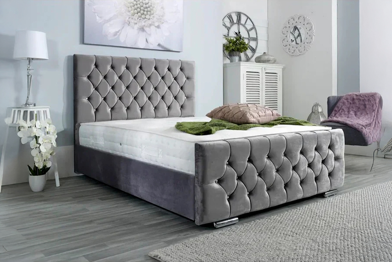 Monaco Plush Upholstered Bed With Mattress & Bedding Bundle - 6 Sizes & 5 Colours | Wowcher