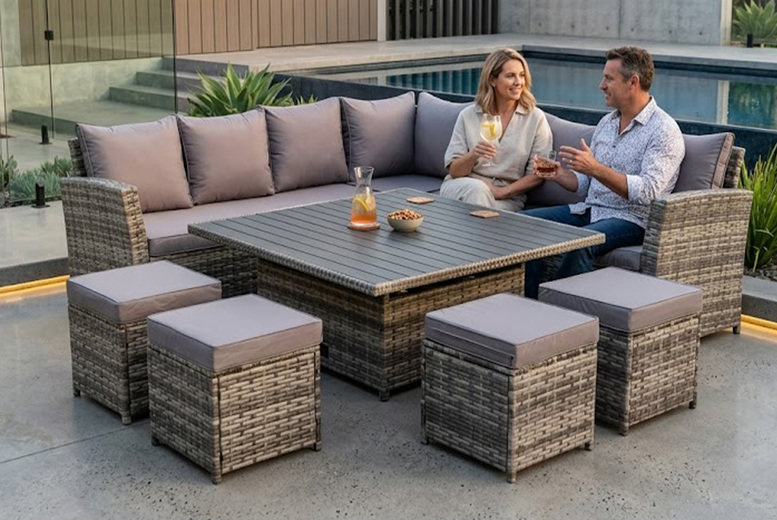 Arca Living Ltd Rosen 11-Seater Rattan Corner Sofa Dining Set With Aluminium Lift-Up Table - Grey Or Black | Wowcher