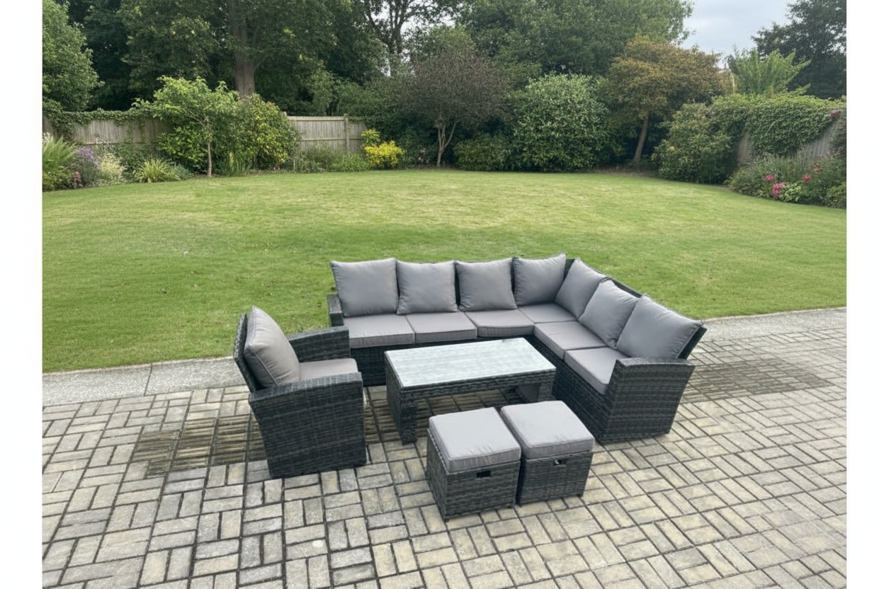 Shareway Trading Co Ltd Dark Grey Rattan 9-Seater Corner Sofa Set With Armchair & Footstools - Weather-Resistant Garden Furniture | Wowcher