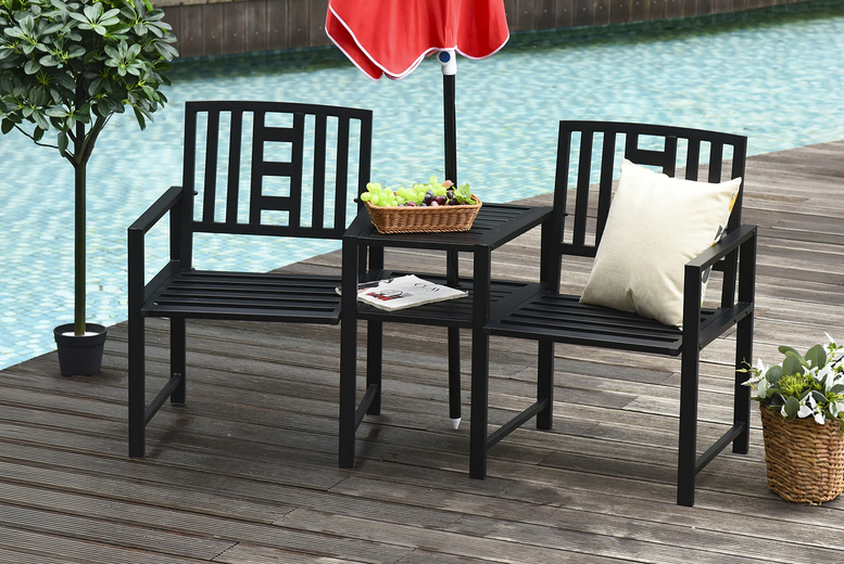 Mhstar Uk Ltd Unisex Outsunny Patio Tete-A-Tete Chair: 2-Seat Bench With Middle Coffee Table & Umbrella Hole | Wowcher