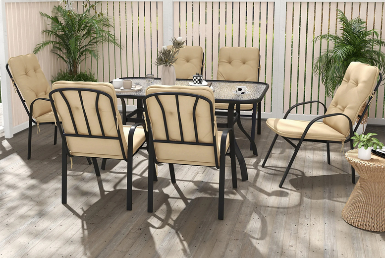 Mhstar Uk Ltd Unisex Beige Outsunny 7-Piece Garden Dining Set With Cushions & Glass Table, Armchairs - | Wowcher