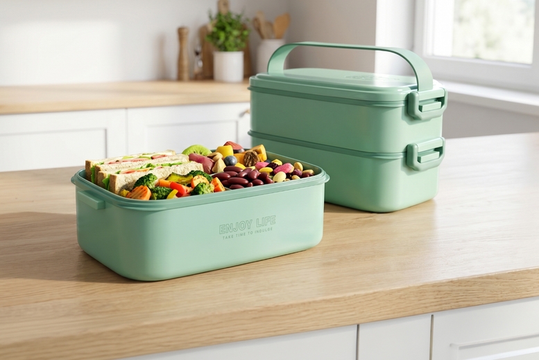 Living & Home Unisex Kids Green Stackable 3-Tier Bento Lunch Box With Handle - 2700Ml | Wowcher