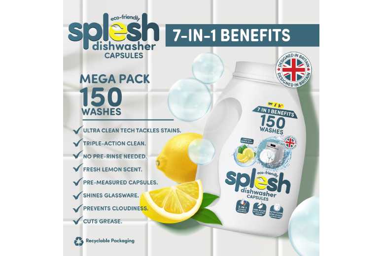 Avant-Garde Brands Ltd Unisex Splesh Eco Dishwasher Tablets - 3-In-1 Cleaning Power, Extra-Sparkle, Lemon Scent, Residue-Free, Universal Fit | Wowcher