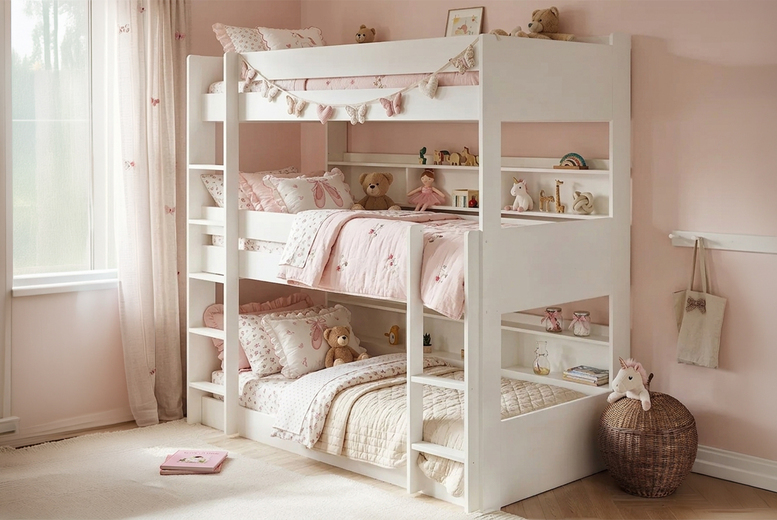 Flair Furniture Ltd Unisex White Noomi Clara Wooden Triple Bunk Bed With Storage Shelves - | Wowcher