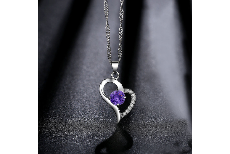 Gamechanger Asso T/A 50 Shade Of Lust Sterling Silver Heart Pendant Necklace With Purple Crystal Centre - Adjustable Rhodium-Plated Chain, Hypoallergenic | Wowcher