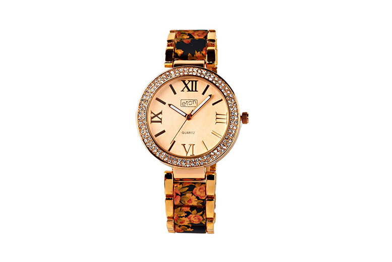 Eton Watches Ladies Floral Print Rose Gold Quartz Watch | Wowcher