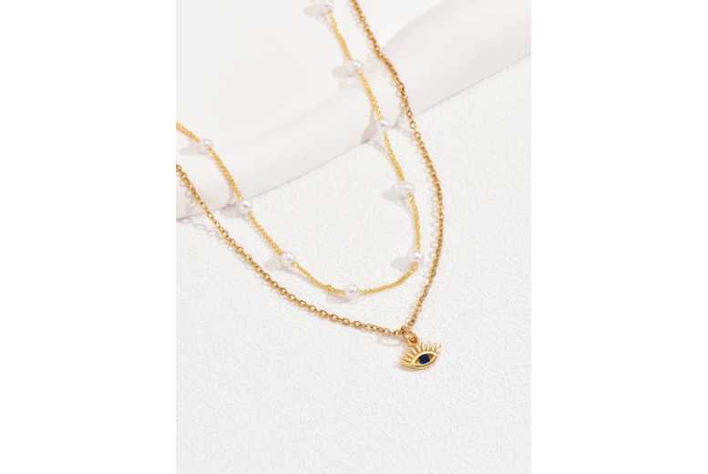 Gamechanger Asso T/A 50 Shade Of Lust Unisex Gold Plated Blue Evil Eye & Pearl Pendant Necklace Set - Adjustable Layered Chains, Lightweight Statement Jewellery, Minimalist Pendant Necklace | Wowcher