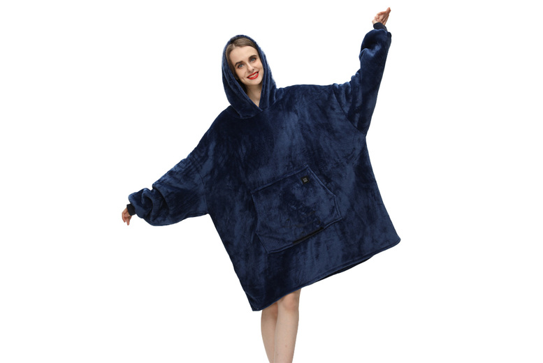 Oberobiz Co., Limited Unisex Navy Heated Hooded Blanket, | Wowcher