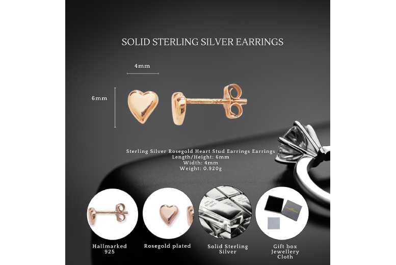Gamechanger Asso T/A 50 Shade Of Lust S925 Sterling Silver Rose Gold Heart Stud Earrings - Hypoallergenic Mini Studs For Sensitive Ears, Polished Finish | Wowcher