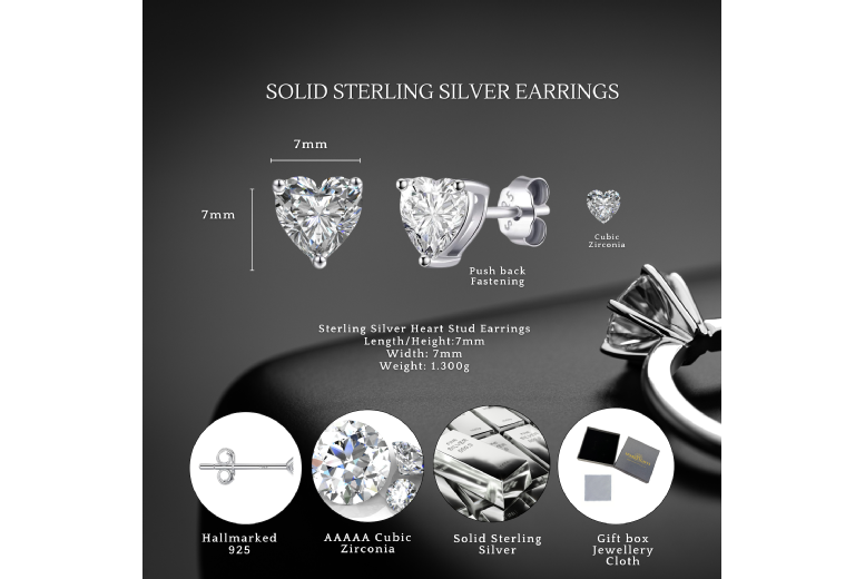 Gamechanger Asso T/A 50 Shade Of Lust Sterling Silver Heart Stud Earrings S925 - Hypoallergenic Cubic Zirconia Studs For Sensitive Ears, 7Mm, Butterfly Backs | Wowcher