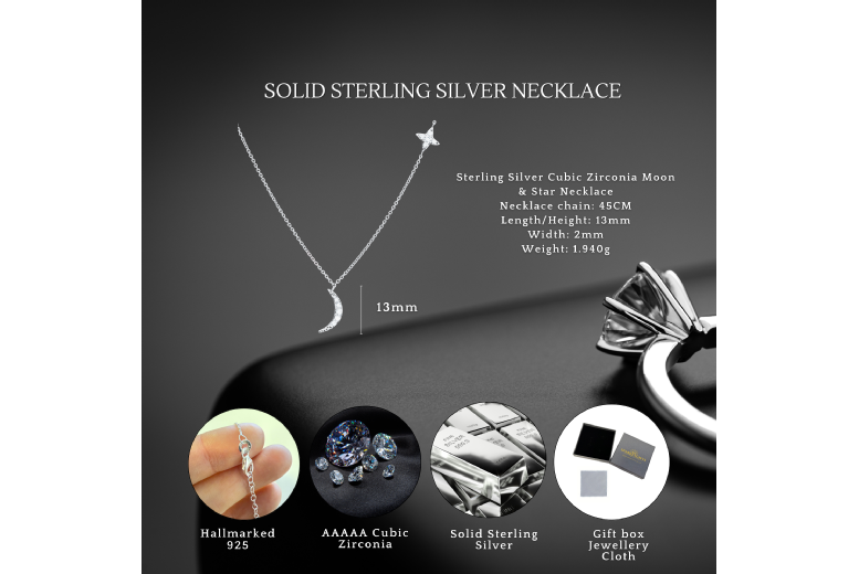 Gamechanger Asso T/A 50 Shade Of Lust Sterling Silver S925 Moon & Star Pendant Necklace - Hypoallergenic, Cubic Zirconia, Rhodium Plated | Wowcher