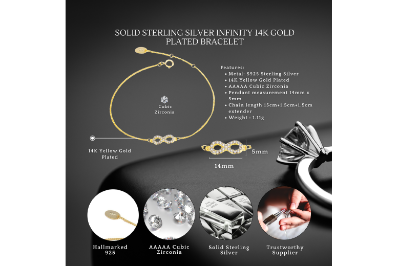 Gamechanger Asso T/A 50 Shade Of Lust Sterling Silver Infinity Bracelet - Adjustable 14K Gold Plated Charm Bangle With Cubic Zirconia | Wowcher