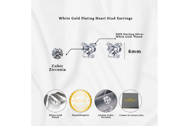 Gamechanger Asso T/A 50 Shade Of Lust Sterling Silver Heart Stud Earrings - S925 Hypoallergenic, White Gold-Plated, 6Mm Cubic Zirconia | Wowcher