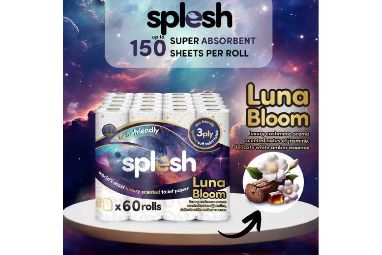 Avant-Garde Brands Ltd Splesh Quilted Toilet Tissue, Extra Soft 3-Ply, Eco-Friendly, Luna Bloom Scented - 60 Roll Bulk Pack | Wowcher