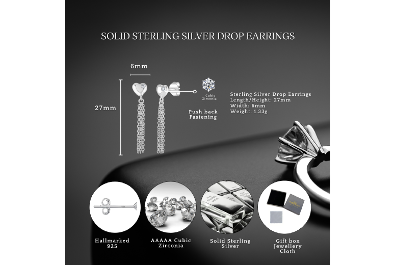 Gamechanger Asso T/A 50 Shade Of Lust Unisex Silver S925 Sterling Heart Tassel Dangle Earrings - Hypoallergenic Studs, Lightweight, Polished Finish | Wowcher