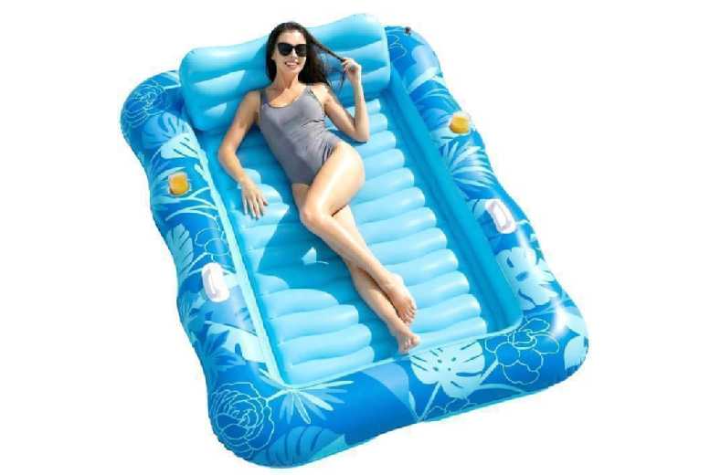 Bengbu Longe E-Commerce Co., Ltd. Unisex Blue Ecofurnix Inflatable Pool Mattress For Adults - Extra Large, Durable Water Lounger With Cup Holder & Headrest (190 X 130 Cm, ) | Wowcher