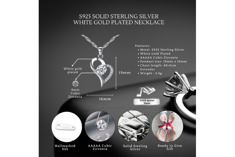 Gamechanger Asso T/A 50 Shade Of Lust S925 Sterling Silver Heart Pendant Necklace - Adjustable, Hypoallergenic, Cubic Zirconia Gift For Sister | Wowcher