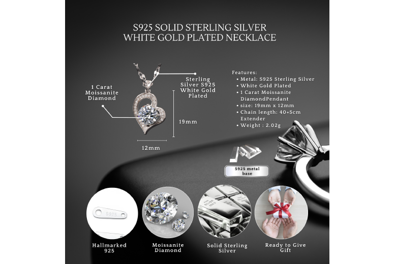 Gamechanger Asso T/A 50 Shade Of Lust S925 Sterling Silver Heart Moissanite Pendant Necklace - 1Ct Diamond-Equivalent, Hypoallergenic, Gift Ready, White Gold Plated Chain | Wowcher