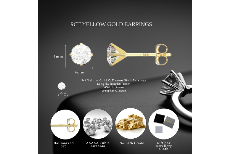 Gamechanger Asso T/A 50 Shade Of Lust 9Ct Gold Hypoallergenic Cubic Zirconia Stud Earrings 4Mm - Hallmarked, Everyday Elegance | Wowcher