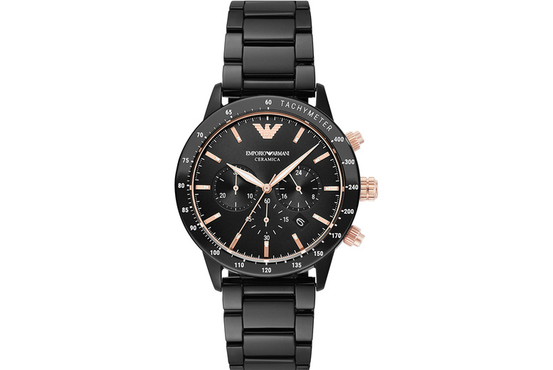 Emporio Armani Armani Ar70002 Black Ceramic Chronograph Quartz Watch - Luxury Black & Gold, 43Mm, Water-Resistant | Wowcher